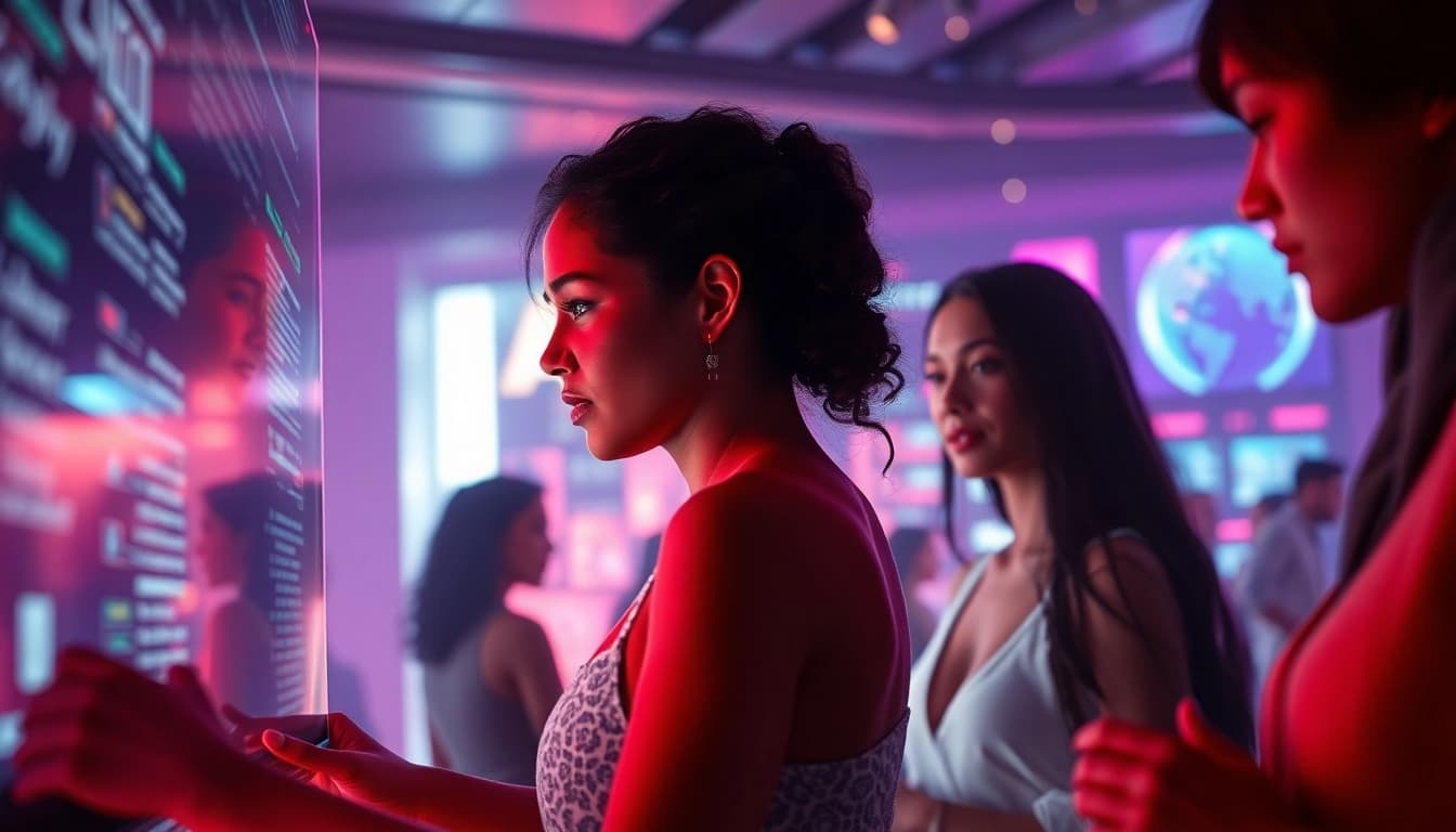 Engaging scene of diverse characters in intimate conversations featuring sex AI technology.