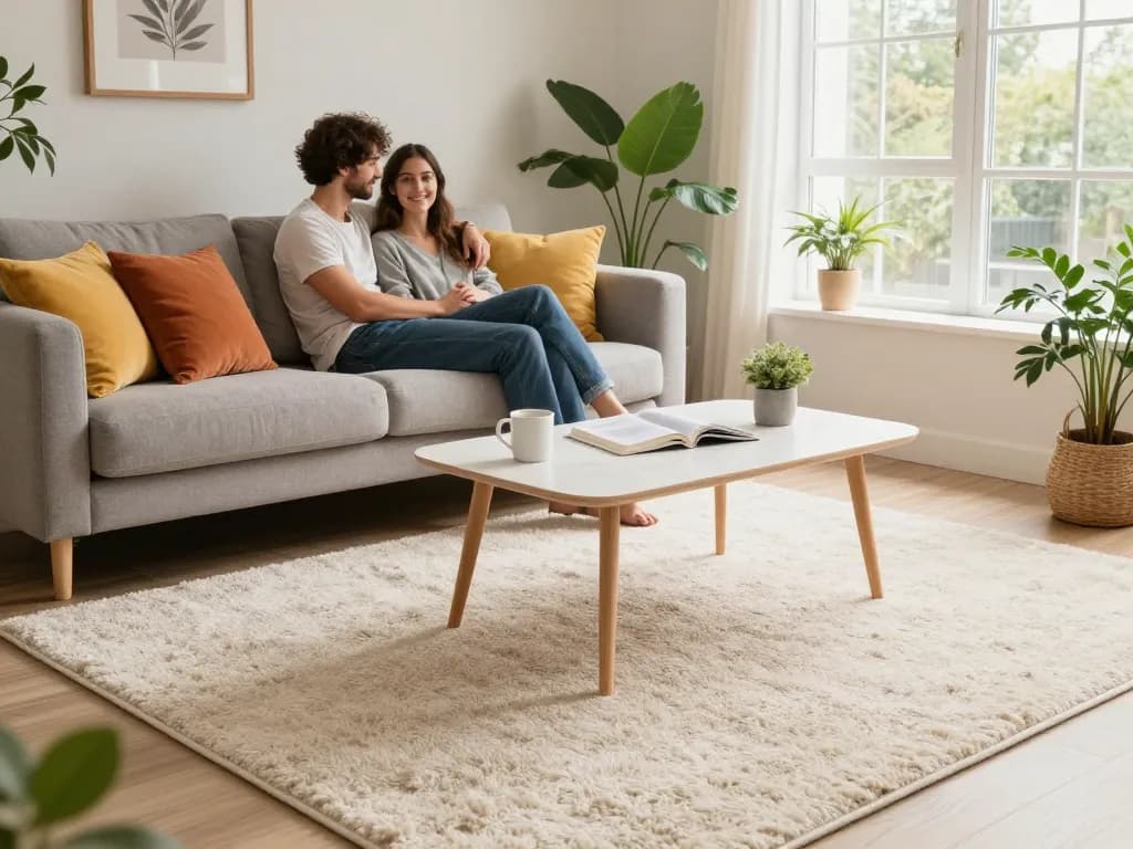 Cozy living room with affordable carpets London, featuring a couple relaxing on a stylish sofa.
