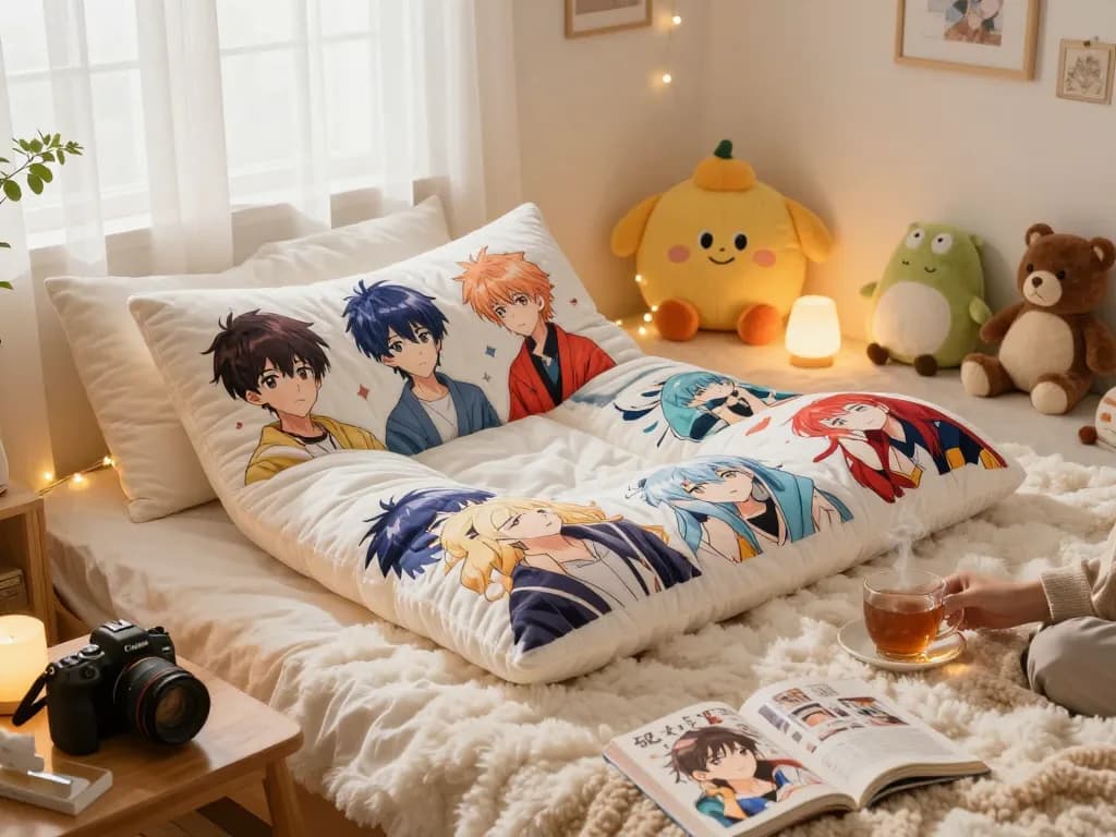 Vibrant dakimakura pillow with anime designs on a cozy bed, inviting atmosphere.