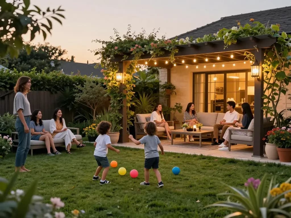 Engaging scene featuring a family enjoying time together under a pergola configurator designed outdoor space.