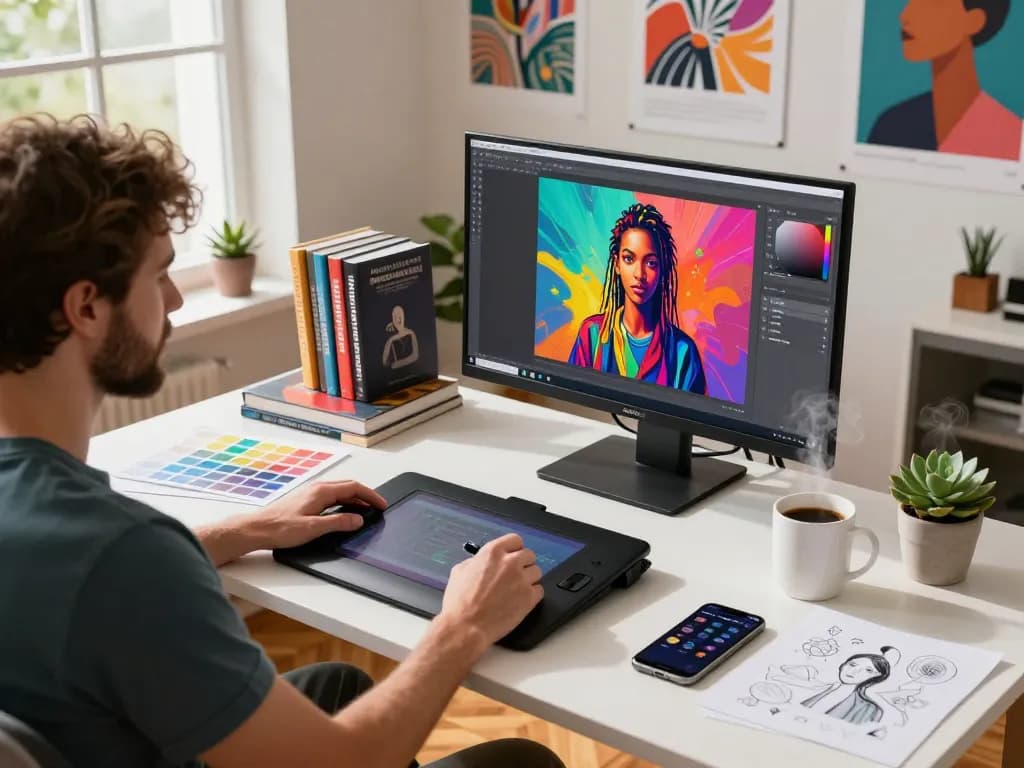 Artist using Nano Banana 2 software to create vibrant AI-generated art in creative studio.
