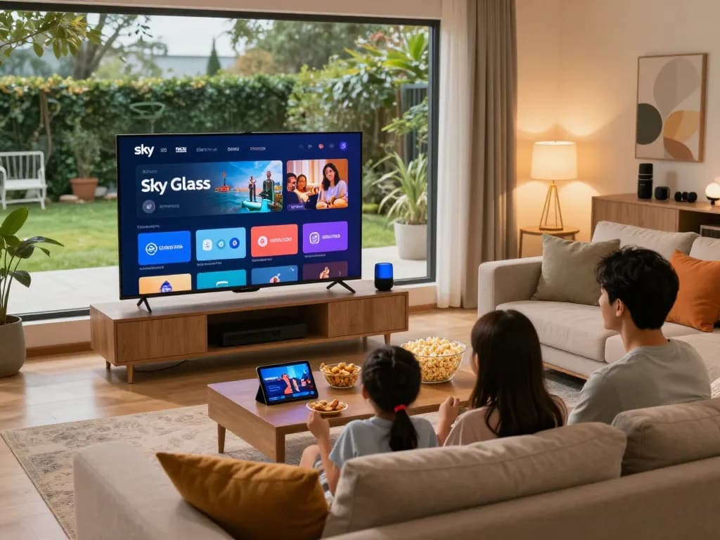 Family streaming Sky glass IPTV in a cozy living room, enjoying quality time together.