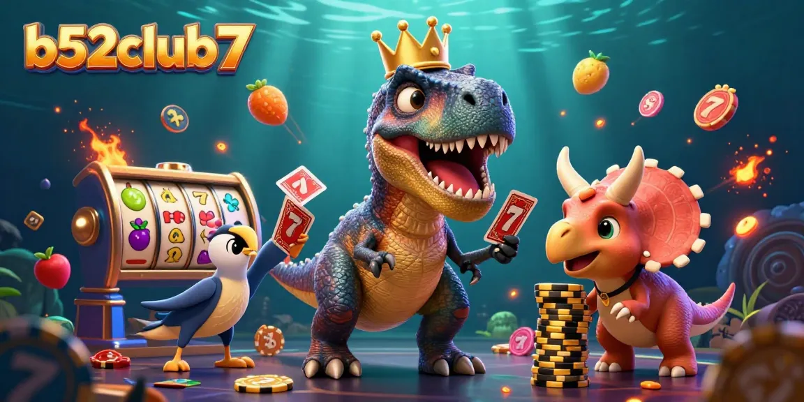 Experience the excitement of b52club7 with a T-Rex and dinosaurs enjoying card games and stacking chips.