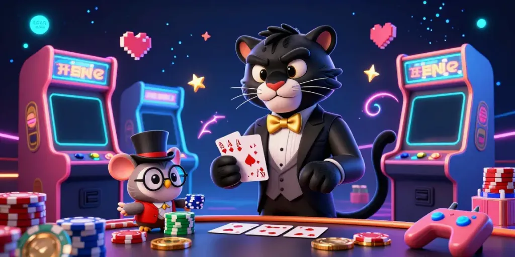 Experience the excitement of tai xiu with a stylish panther dealer, an owl with poker chips, and a lucky mouse amid vibrant casino elements.