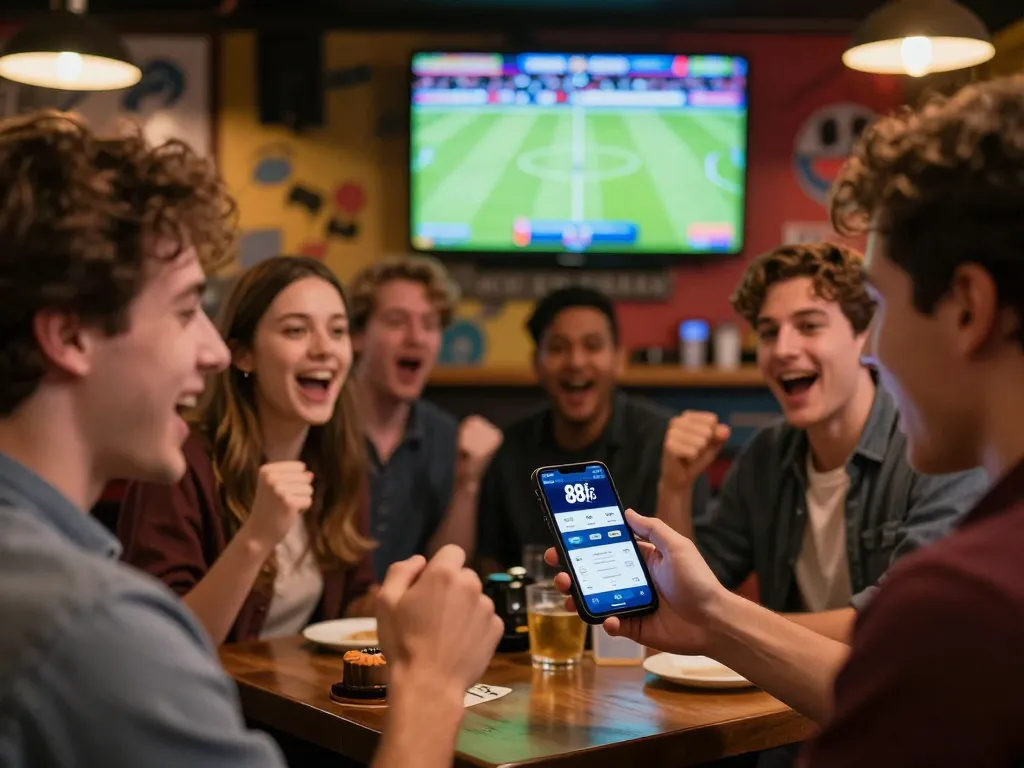 Friends enjoying online betting with 88fc app while watching a live sports event in a lively bar.
