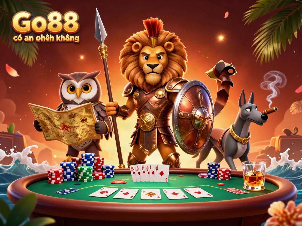Engage with Go88 có an toàn không, featuring a Spartan lion, owl strategist, and greyhound messenger at a vibrant poker table