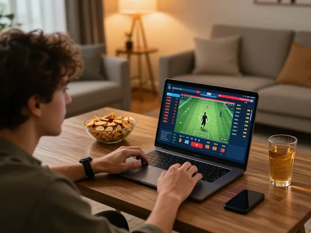 Engaging in sports betting on THABET platform from a cozy home setup.