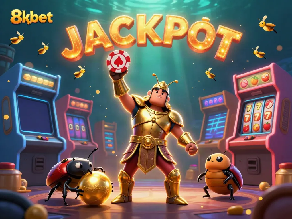 Experience excitement with the 8xbet hercules beetle celebrating a jackpot amidst slot machine symbols.