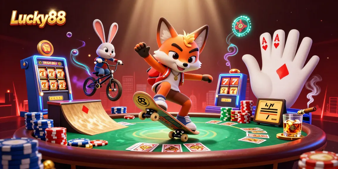 Experience the excitement of Lucky88 with this vibrant 3D cartoon scene featuring animated casino characters.