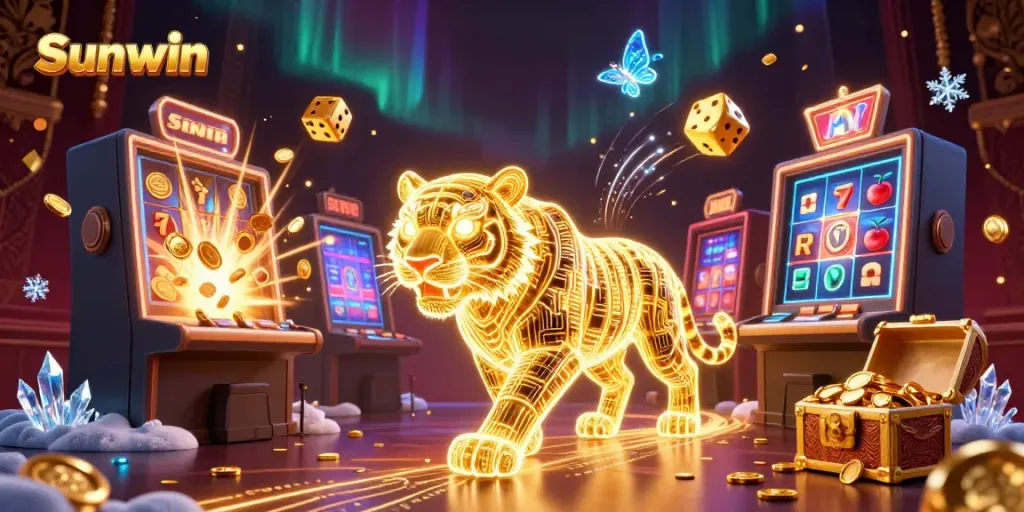 Experience the excitement of Sunwin with a dynamic digital casino scene full of vibrant gaming symbols.