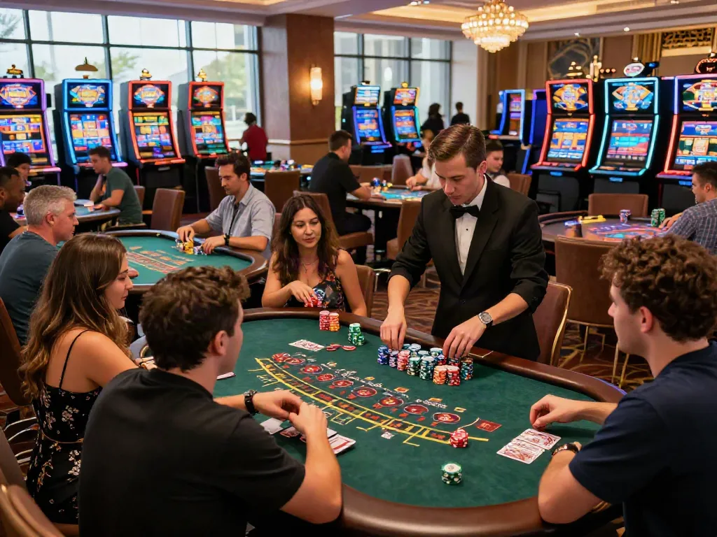 vin88 casino gaming scene with excited players at tables and slots
