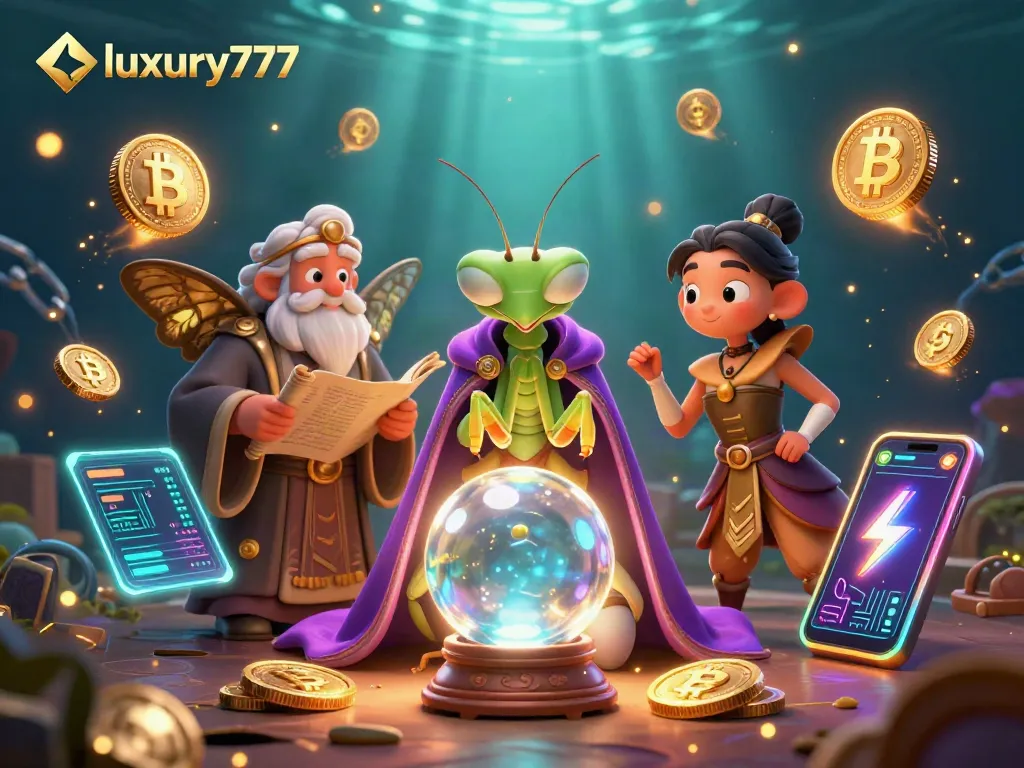 Engage in the exhilarating world of luxury777 with vibrant characters and crypto-inspired elements.