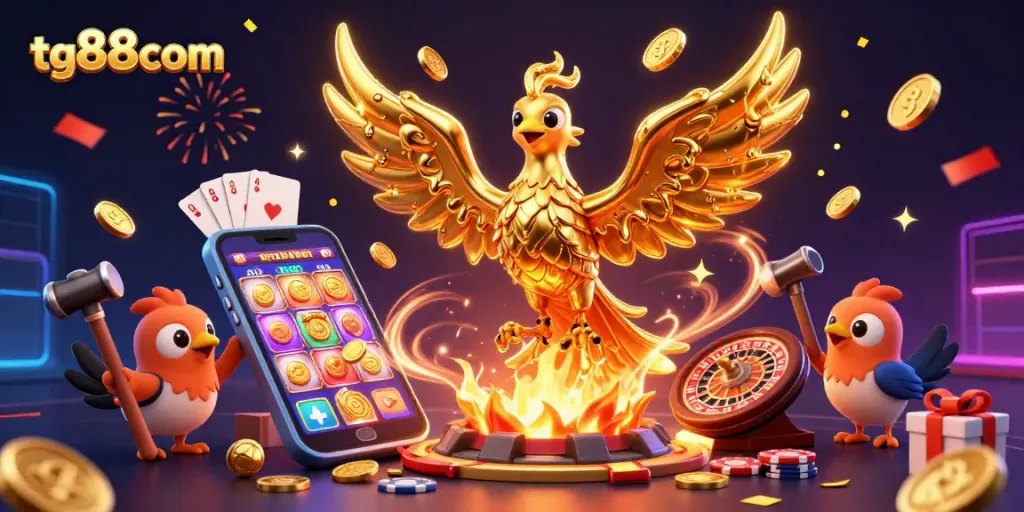 Experience thrilling action at tg88com featuring a molten metal phoenix and vibrant casino elements.