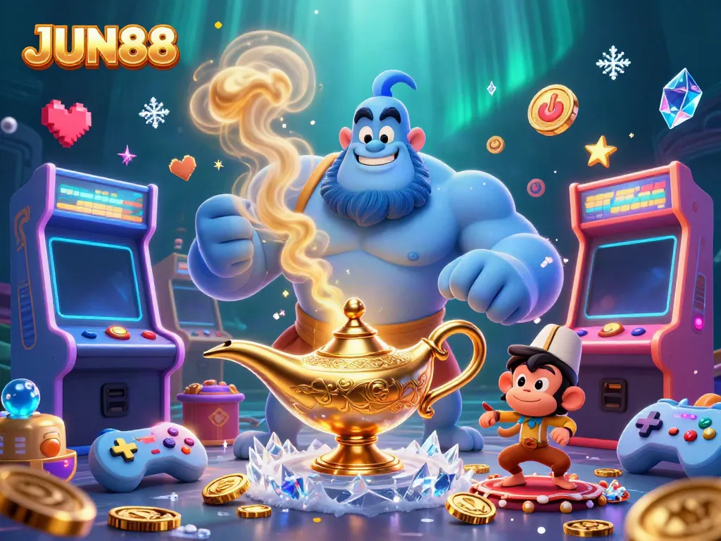 Experience the excitement of JUN88 with a 3D scene featuring a genie, monkey, and poker chips amidst gaming elements.