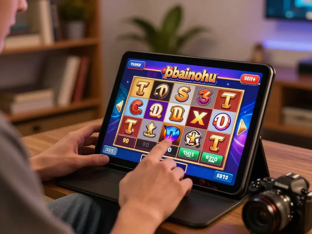 Player enjoying gamebainohu on tablet, engaging in exciting online slots experience at home.