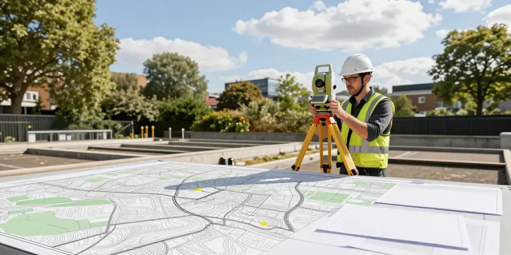 Topographical Survey London with a surveyor using a total station on site.