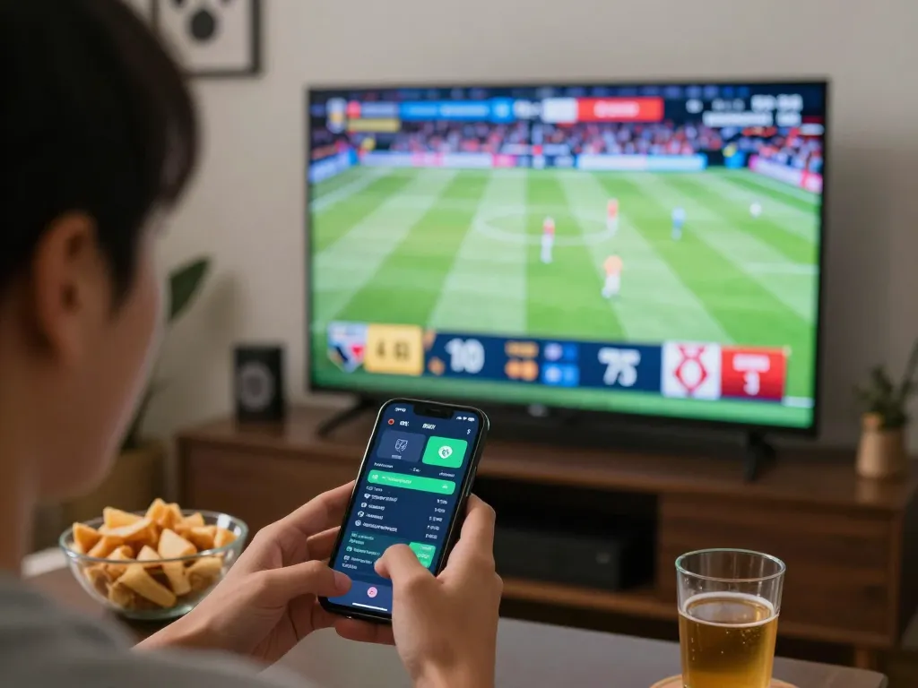 Engaging online sports betting scene featuring a user with 88aa8 app on smartphone during live match
