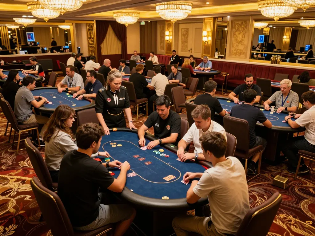 Players strategizing their bets at 789BET poker tables in a luxurious casino.