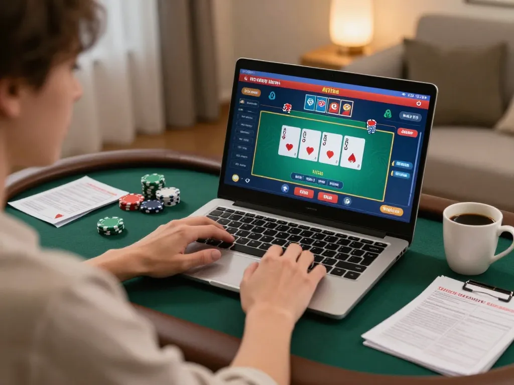 Engaging in online poker at home using a laptop for G28 TRANG CHỦ, showcasing responsible gaming.