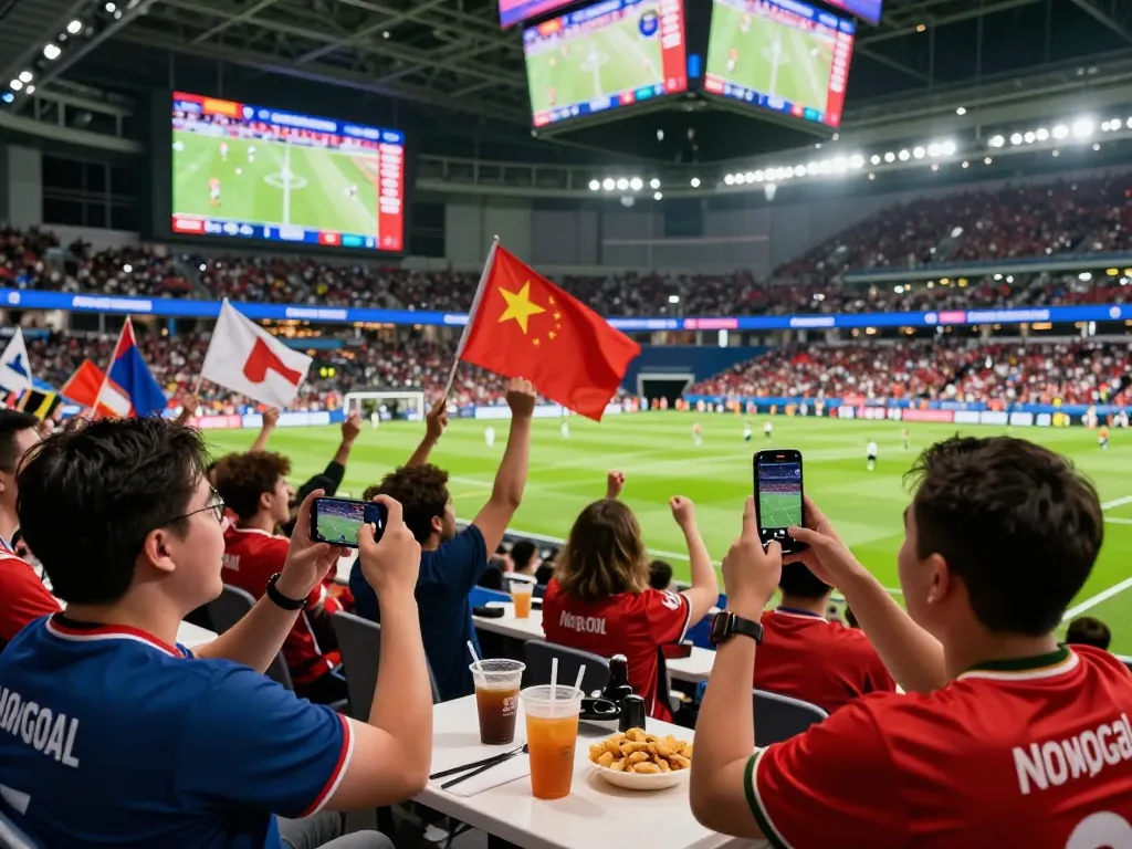Excited fans using Nowgoal for live football scores in a vibrant sports venue.