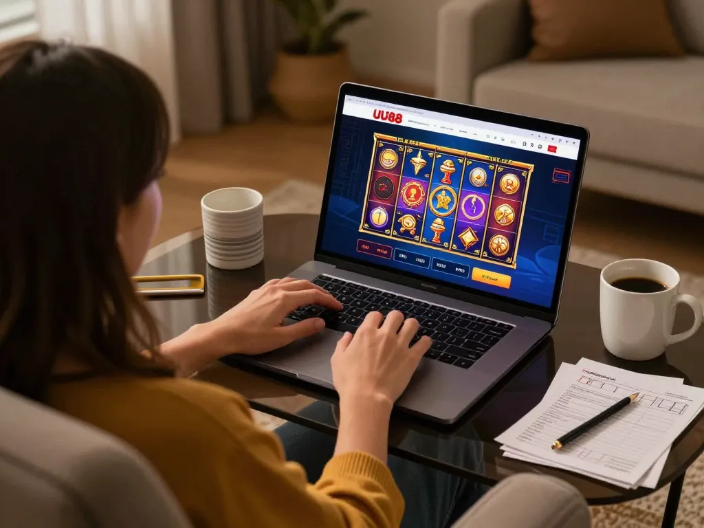 Engaging with UU88 online casino via laptop, enjoying a cozy gaming atmosphere.