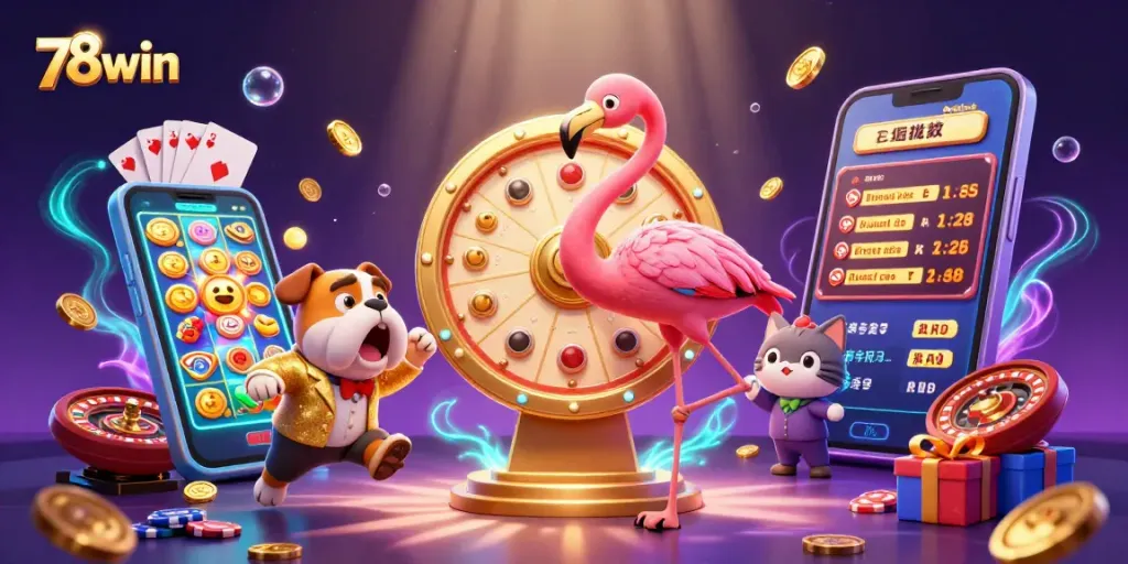 Experience thrilling gameplay with 78win's lively casino scene featuring a game show host and exciting prizes.