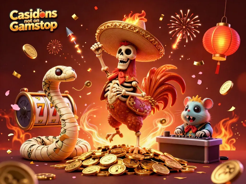 Casinos not on Gamstop featuring a lively 3D casino celebration with a skeleton mariachi rooster and vibrant game elements.