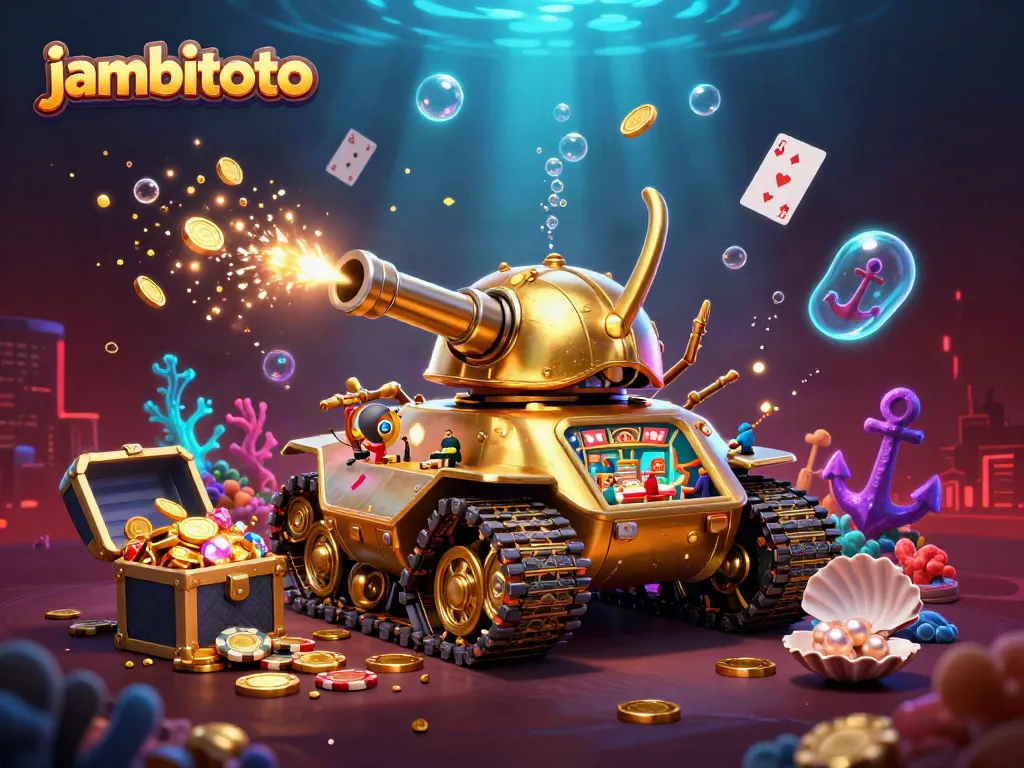 Engage in exciting gaming action with jambitoto's casino-inspired 3D illustration featuring festive golden beetle tank, slots, and treasures.