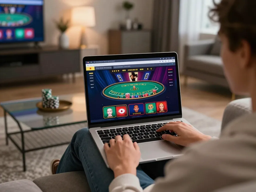 Engaging in live dealer games on f8betz laptop setup in a cozy home environment