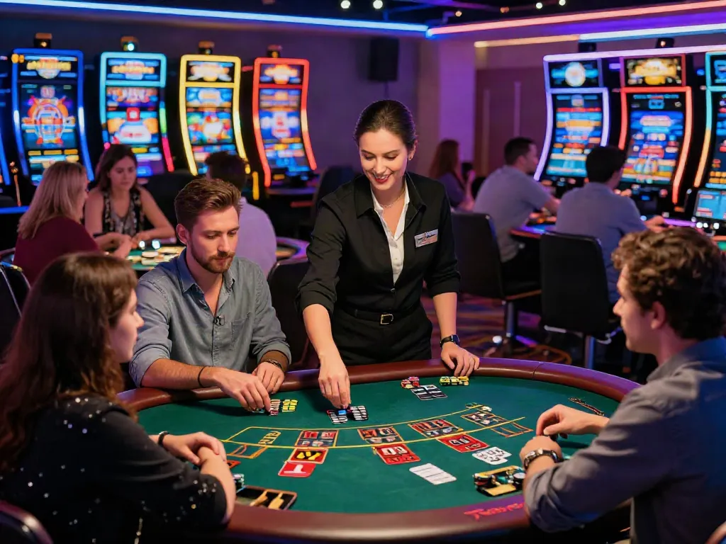 Players enjoying casinos not on GamStop in a lively gambling atmosphere with neon lights.