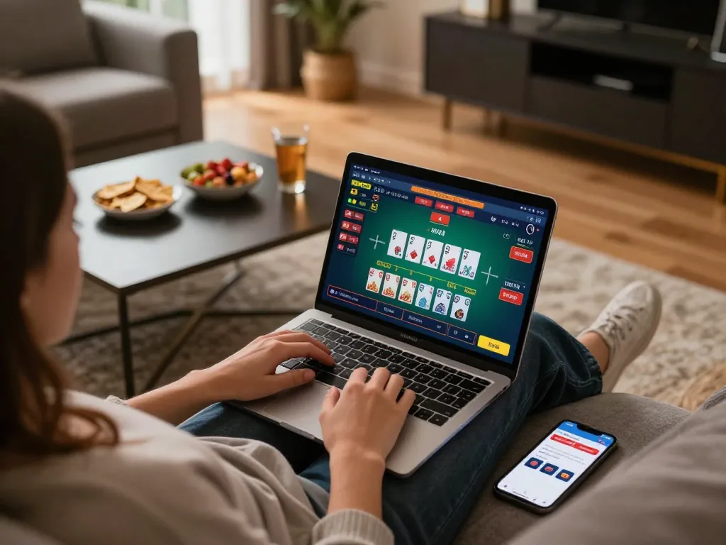 Engaging in live dealer blackjack online with a laptop and smartphone at home, exemplifying Go89living's gaming experience.