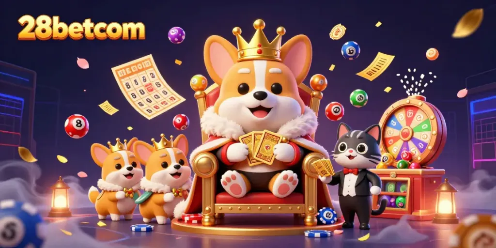 Engage in vibrant games at 28betcom with a cartoon royal corgi and colorful lottery elements.