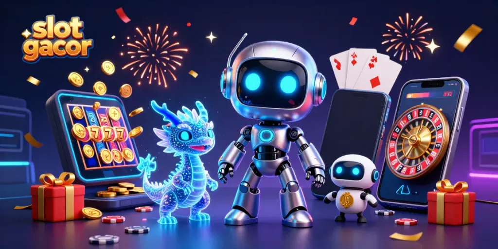 Experience slot gacor excitement with a vibrant 3D casino illustration brimming with engaging characters and gaming elements.