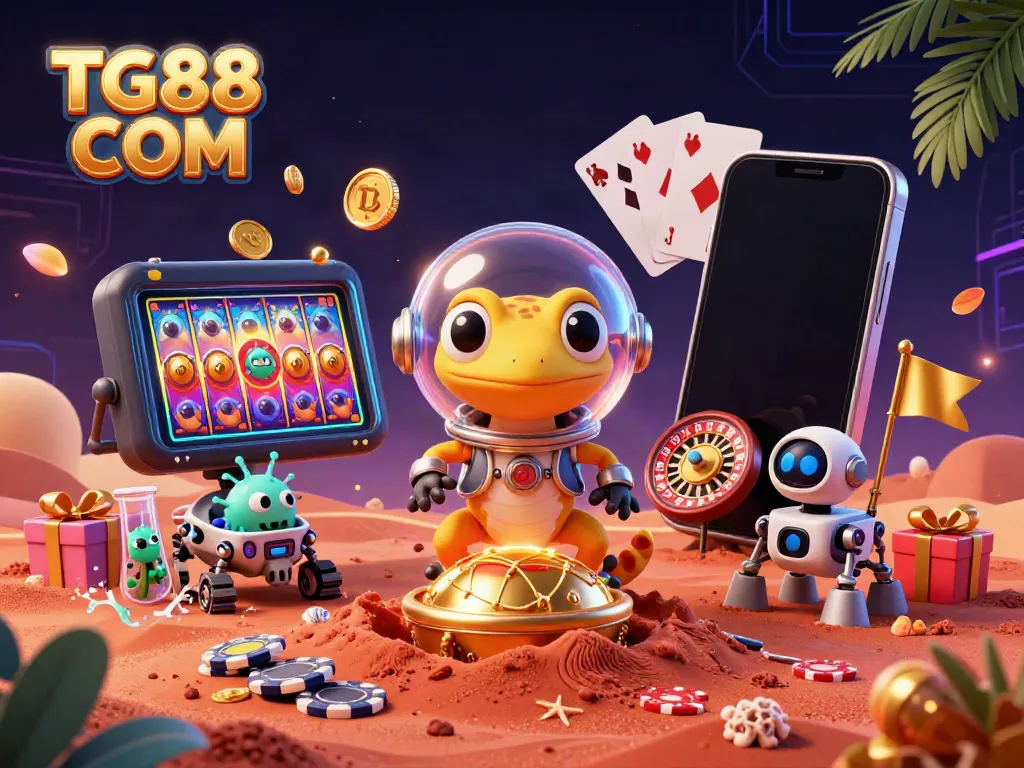 Bet big with TG88 COM in a vibrant scene featuring a Martian gecko discovering a golden casino!
