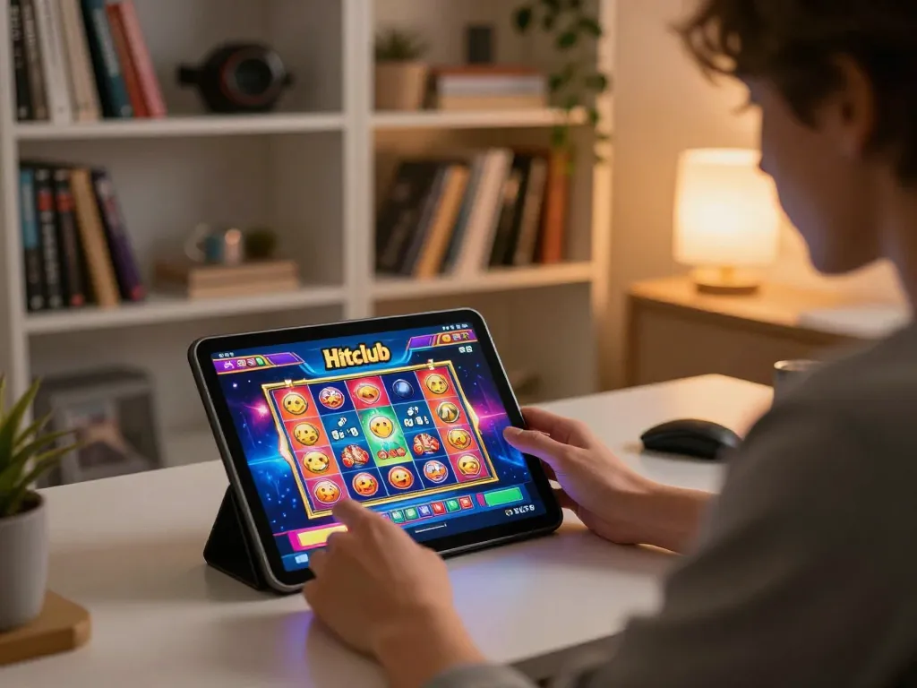 Người chơi thưởng thức ứng dụng casino Hitclub trên máy tính bảng trong không gian ấm cúng tại nhà, làm nổi bật sự phấn khích của trò chơi trực tuyến