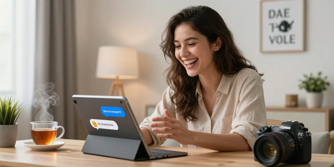 Young woman enjoying a chat with her AI girlfriend in a cozy home office environment.