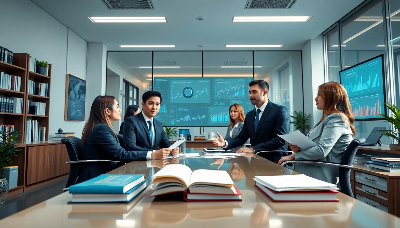 Business lawyer in the US consulting clients in a modern office setting with legal documents and charts.