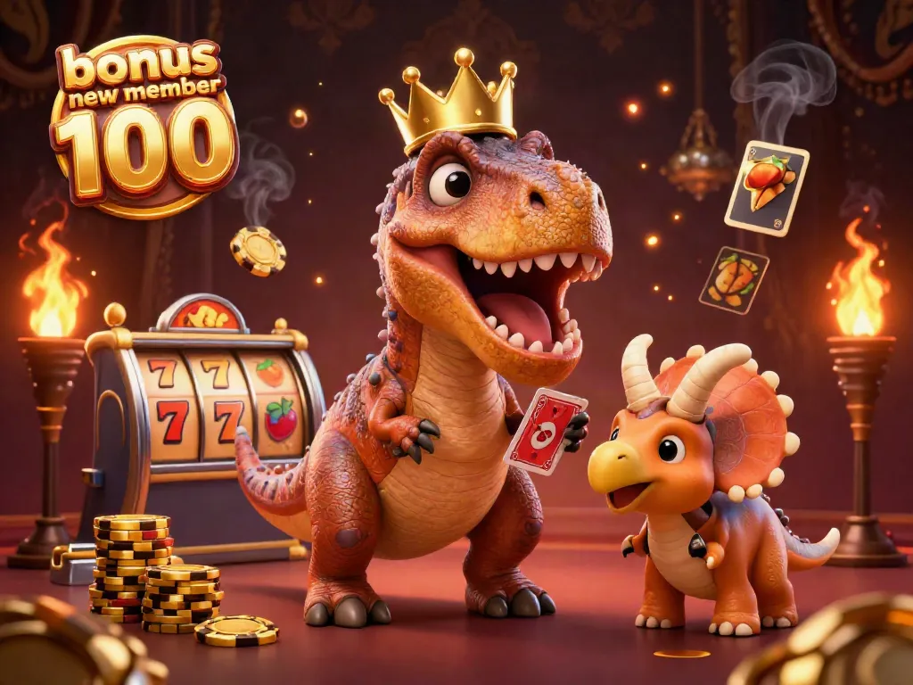Play slot games and win with the bonus new member 100 offer in this vibrant illustration.