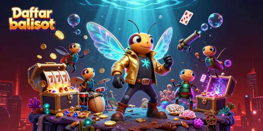 Engage with the vibrant Daftar balisot scene featuring a cicada rock star and diamonds in an underwater casino.