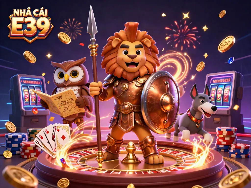 Experience the excitement of NHÀ CÁI E39 with a vibrant 3D casino scene celebrating gaming elements.