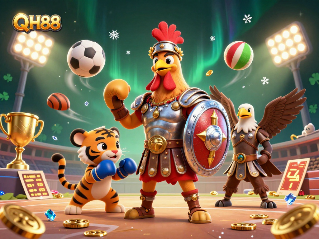 Engage players with QH88 in this dynamic 3D illustration featuring gladiator and sports elements.
