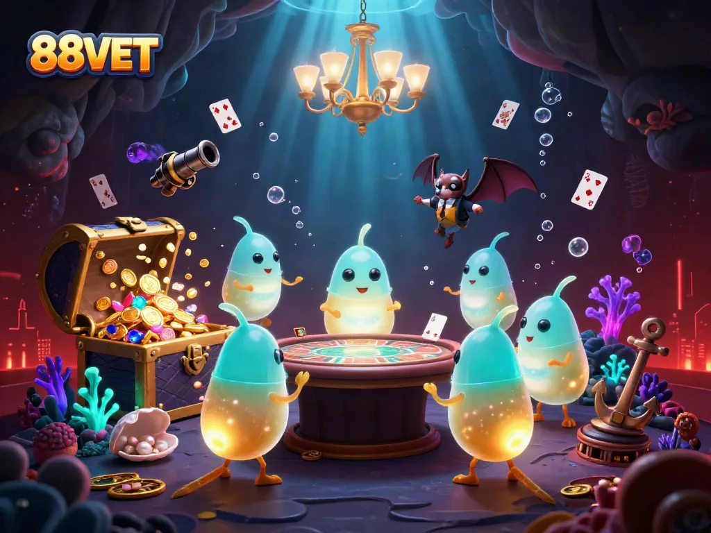 Engage with 88V BET in a vibrant cartoon-style underground casino scene filled with treasure and glowing characters.