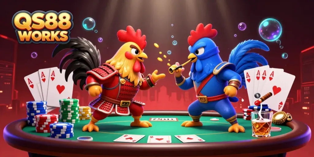 Engage in thrilling battles at QS88 WORKS with stylized fighting roosters and dynamic poker elements.