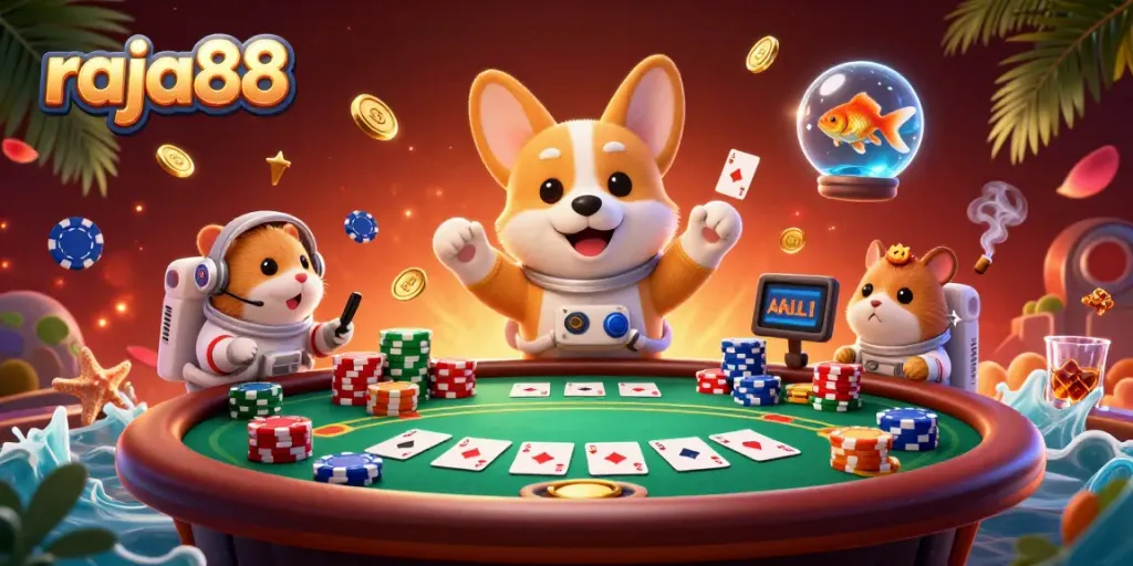 Join the adventure at raja88 with a playful astronaut corgi amid floating poker chips and vibrant casino elements.
