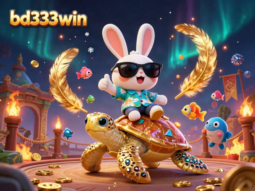 Engage in exciting casino adventures at bd333win with a playful rabbit and golden turtle surrounded by vibrant elements.