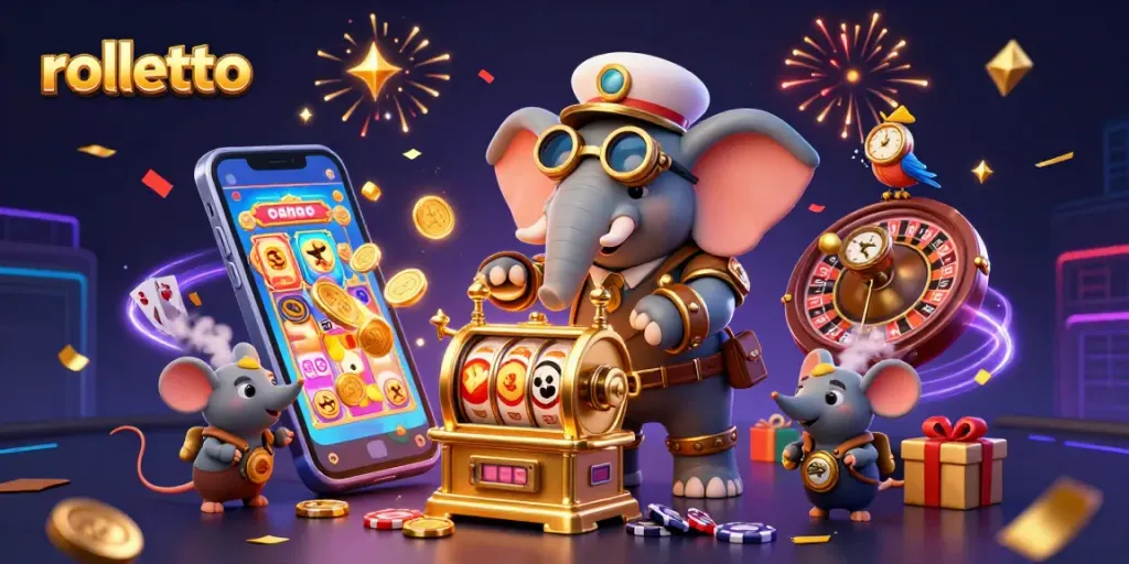 Engage with rolletto's dynamic gaming world featuring a steampunk elephant and exciting slot actions.