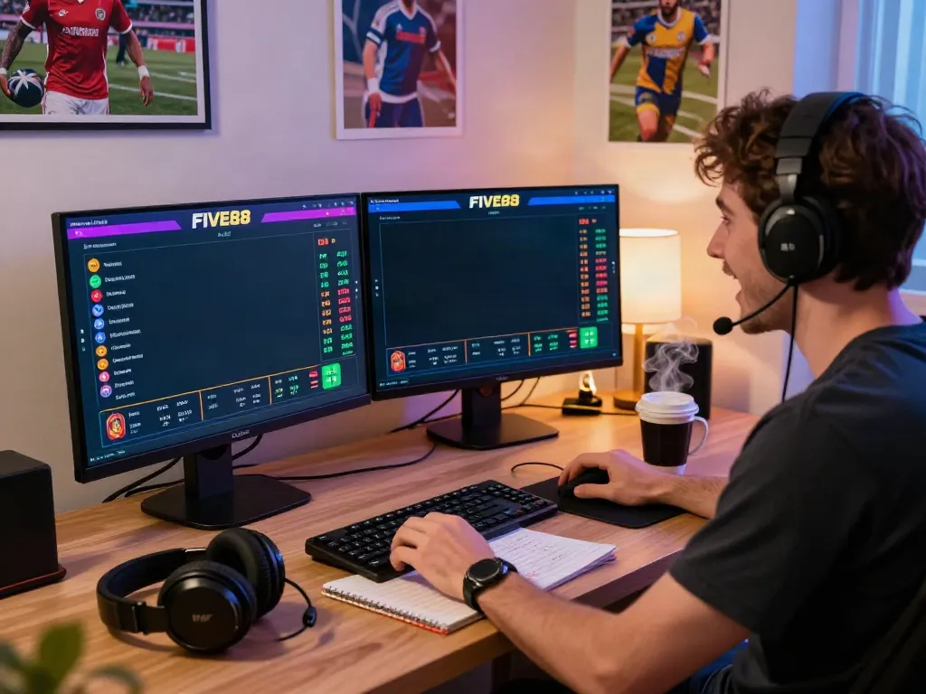User experiencing sports betting on the FIVE88 platform in a cozy home office, surrounded by gaming elements.