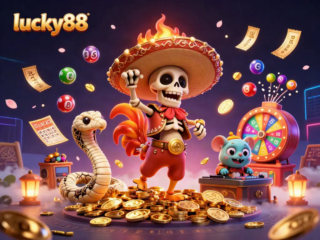 Engage with lucky88 slot strategy through vibrant characters and dynamic elements in this 3D illustration.