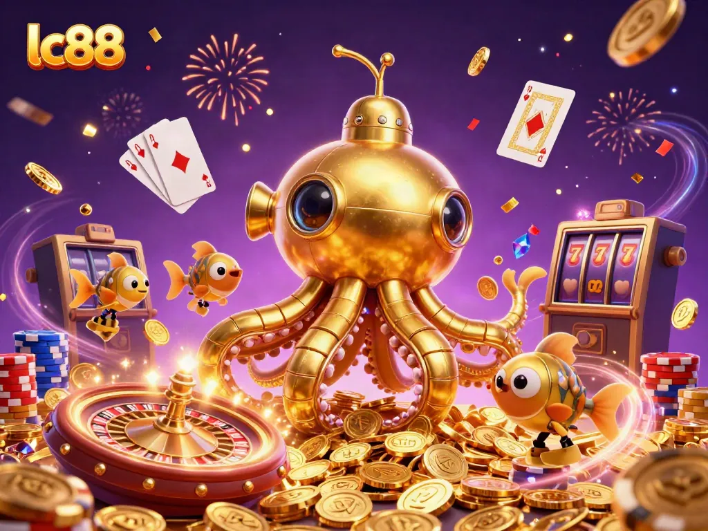 Experience thrilling gameplay with lc88 as golden coins rain down in a vibrant casino scene.