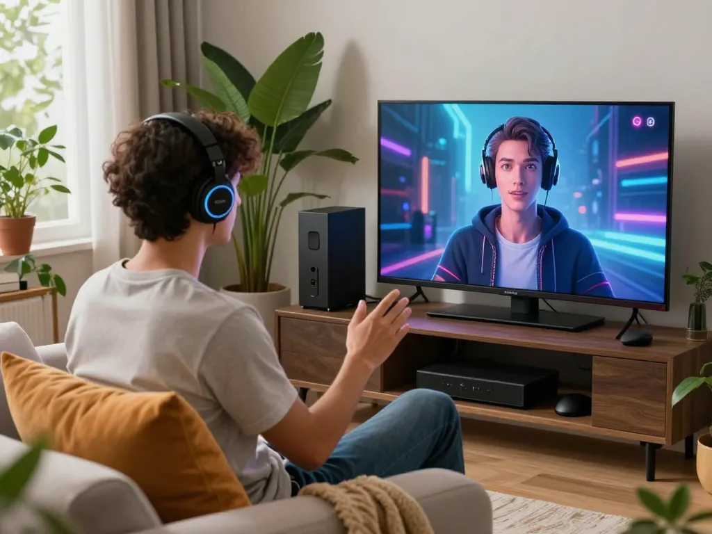 Immersive AI porn chat experience with user engaging with AI avatar in cozy modern living space.